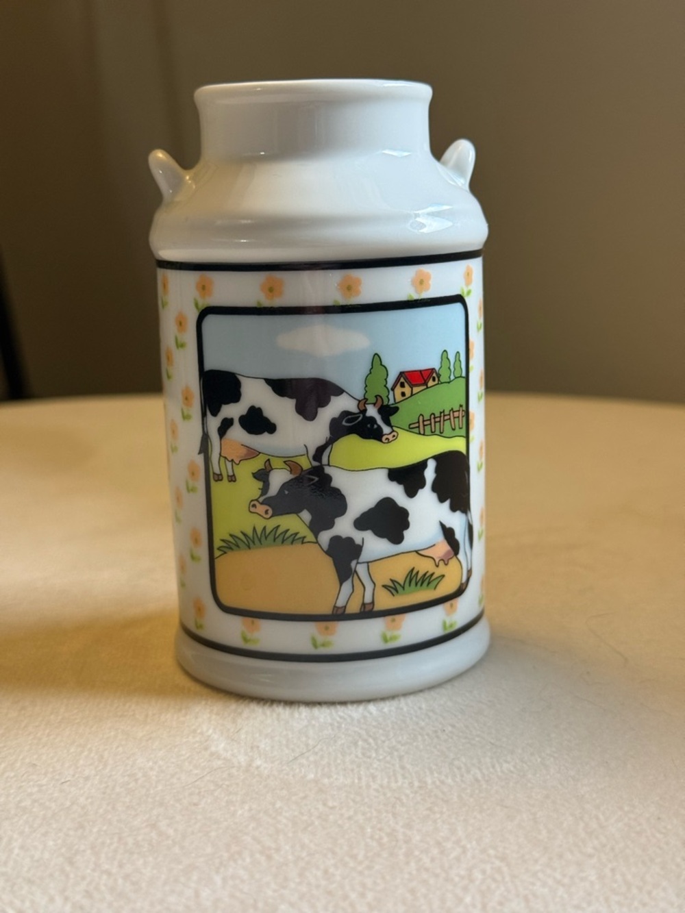 Cow Farm Ceramic Milk Can Vase - White with Pastel Farm Scene